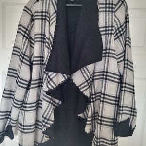 Katherine Barclay Plaid Open-Front Draped Sweater Cardigan - Black and Cream